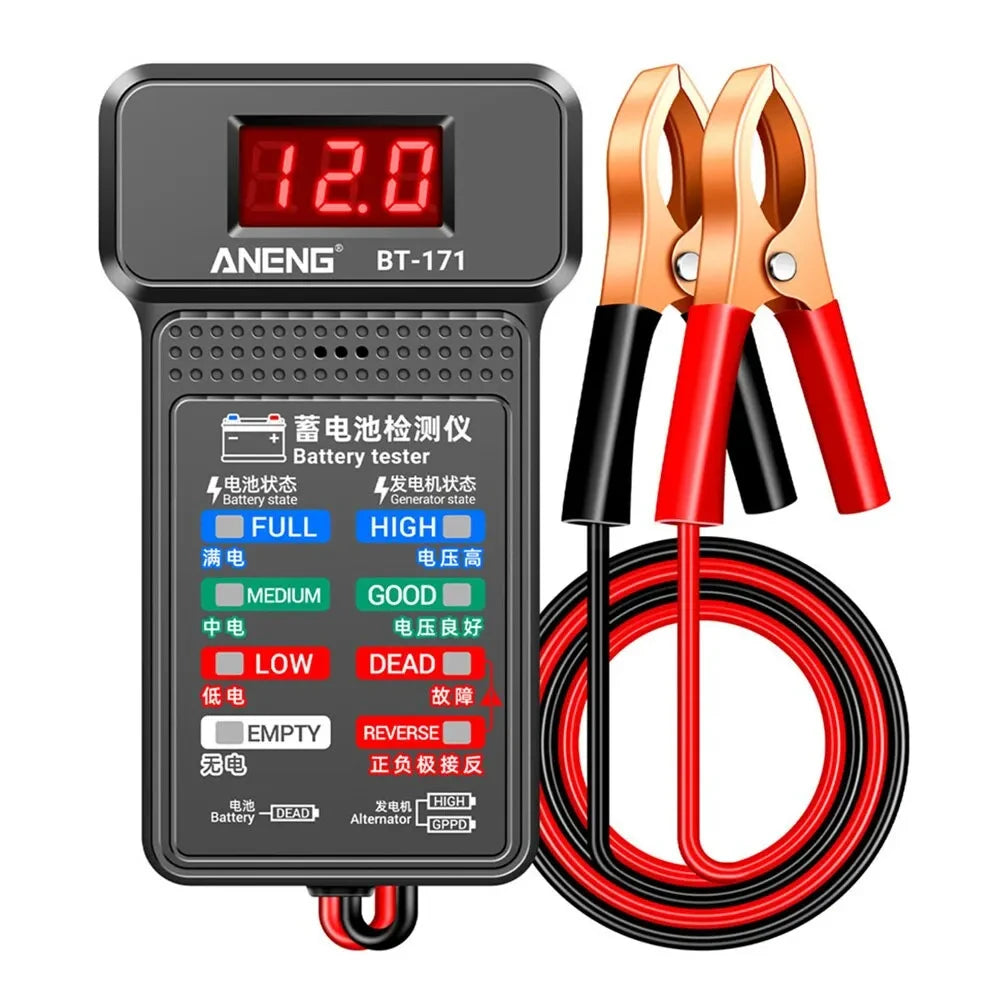 12V Car Battery Tester with LED Display and Reverse Connection Alarm