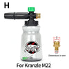 A clear plastic bottle with a green nozzle and brass fitting, used as a snow foam lance for pressure washers.