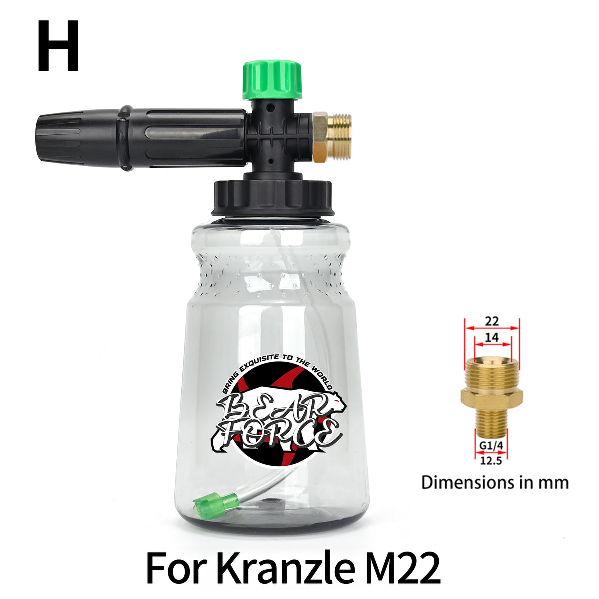 A clear plastic bottle with a green nozzle and brass fitting, used as a snow foam lance for pressure washers.