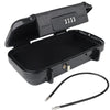 A black portable travel safe lock box with a combination lock and a detachable cable.