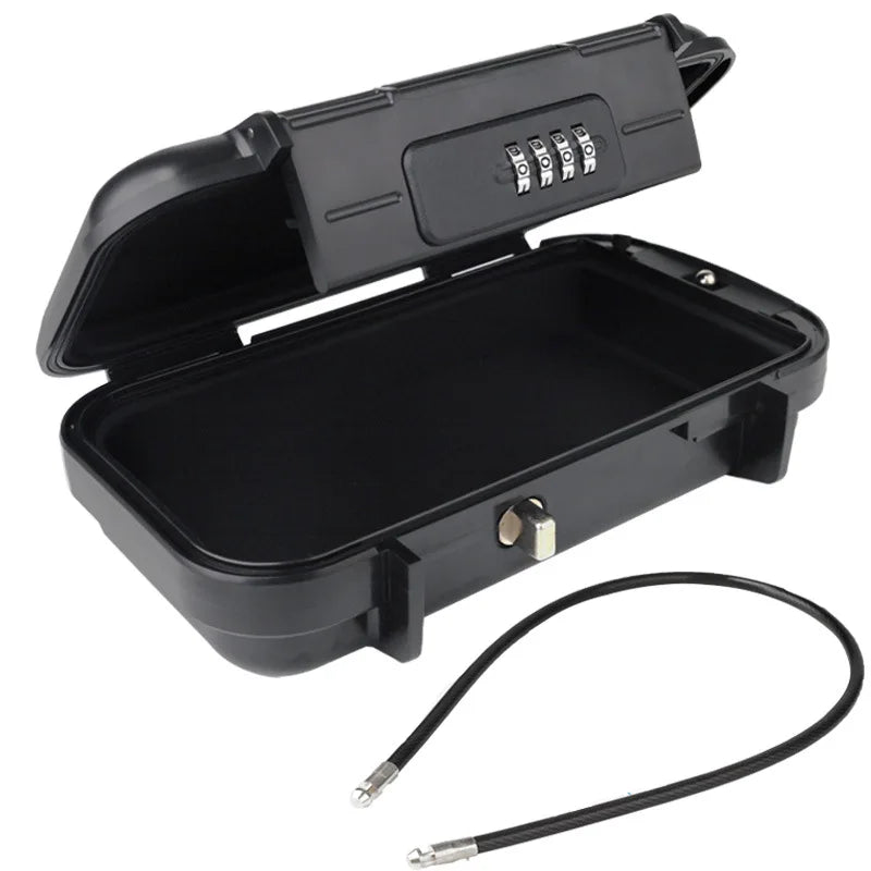 A black portable travel safe lock box with a combination lock and a detachable cable.
