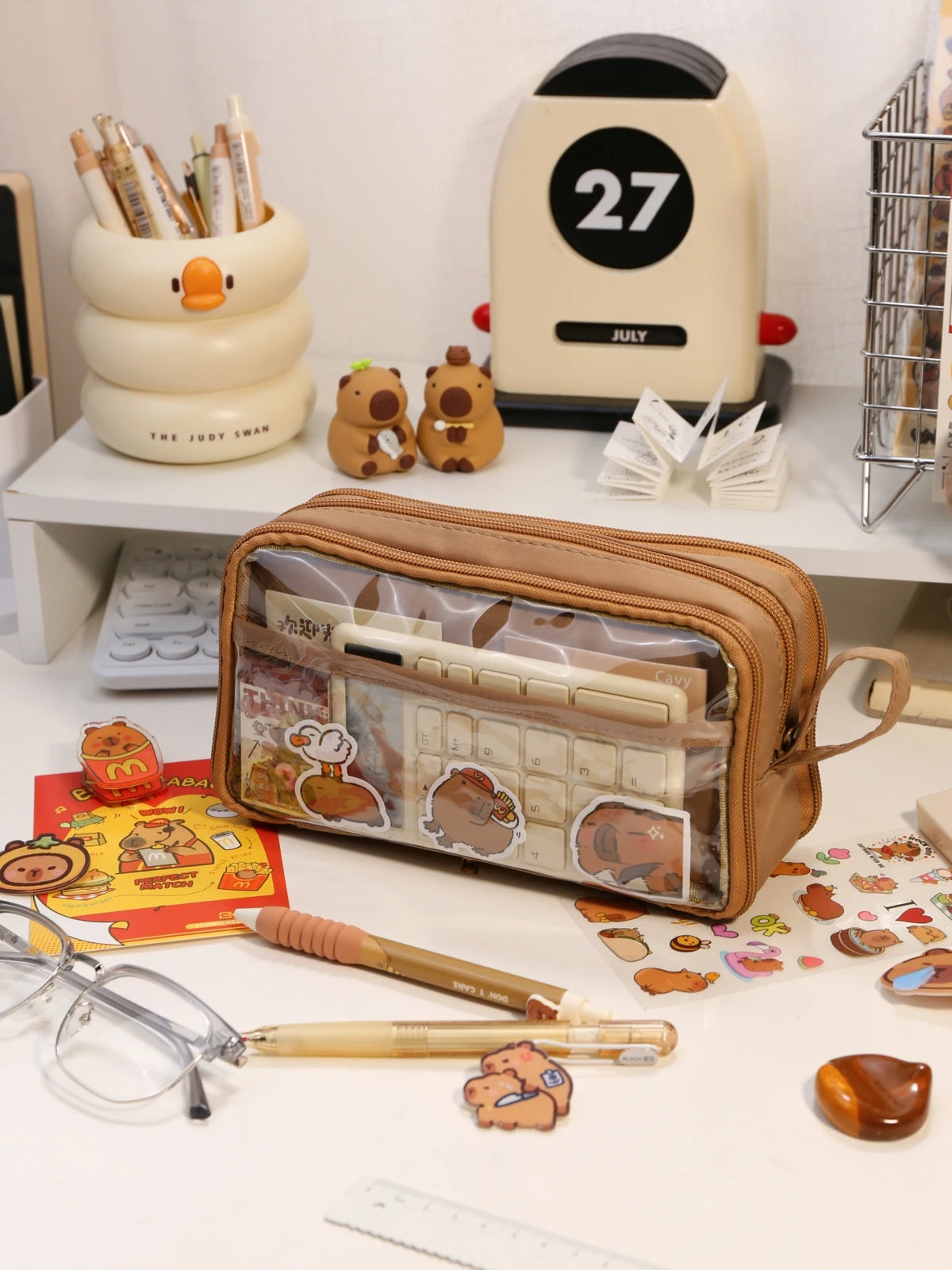 Transparent Double-Sided Pencil Case with Capybara Design