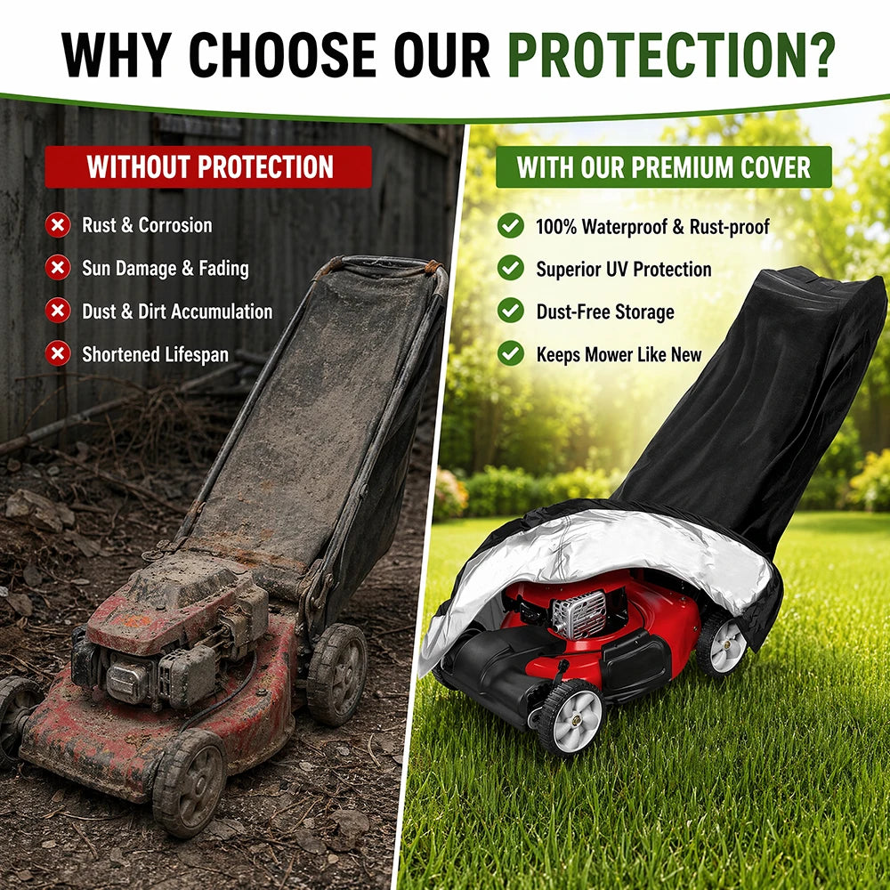 A comparison showing a heavy-duty outdoor push mower without protection versus with a premium waterproof cover.