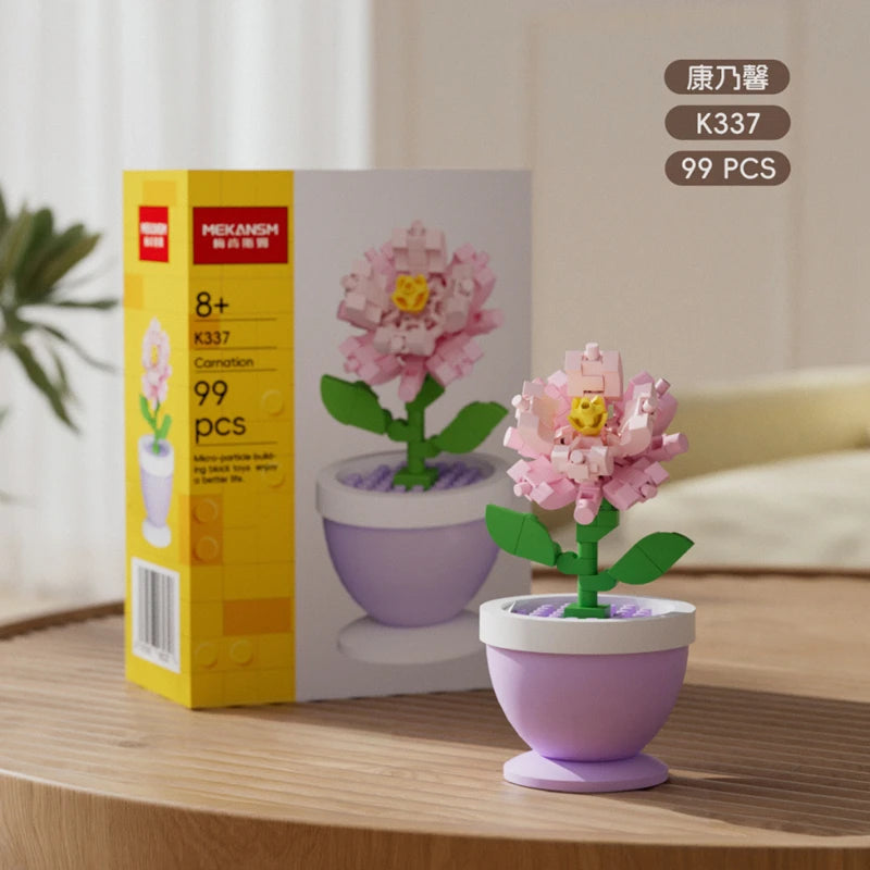 A set of 99 pink and green flower pot building blocks featuring roses, sunflowers, and carnations.
