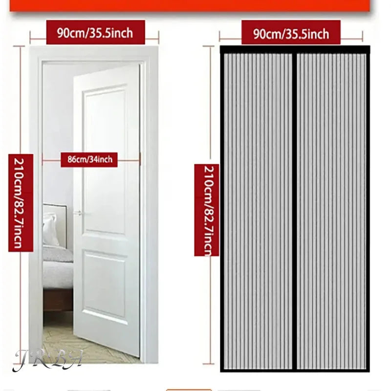 A pair of vertical magnetic mosquito net curtains for doors and windows, shown in white and black.