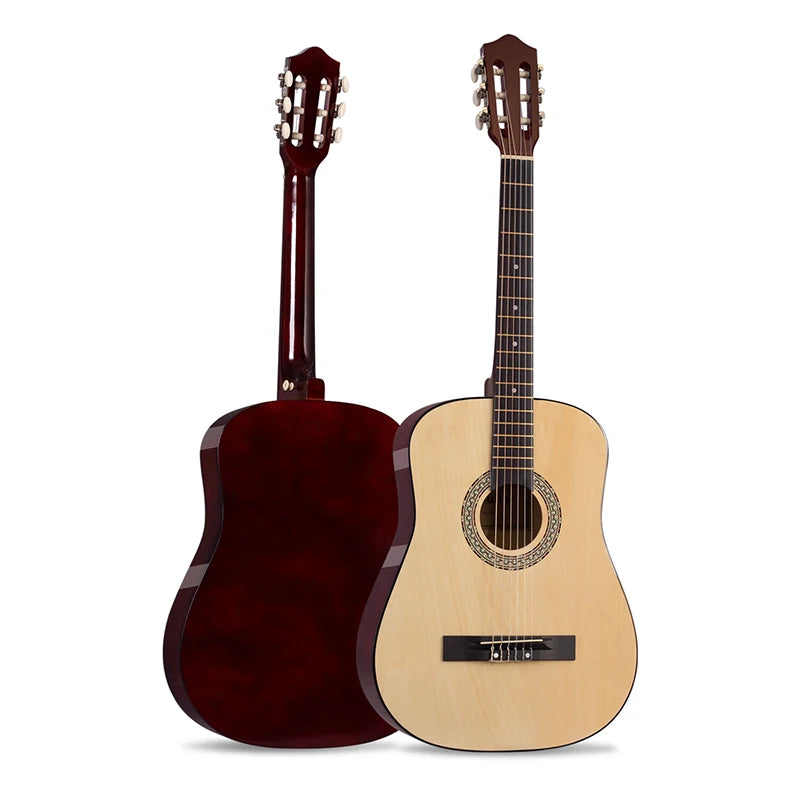 A wooden classical guitar with a dark red body and a light natural wood top, shown from the front.