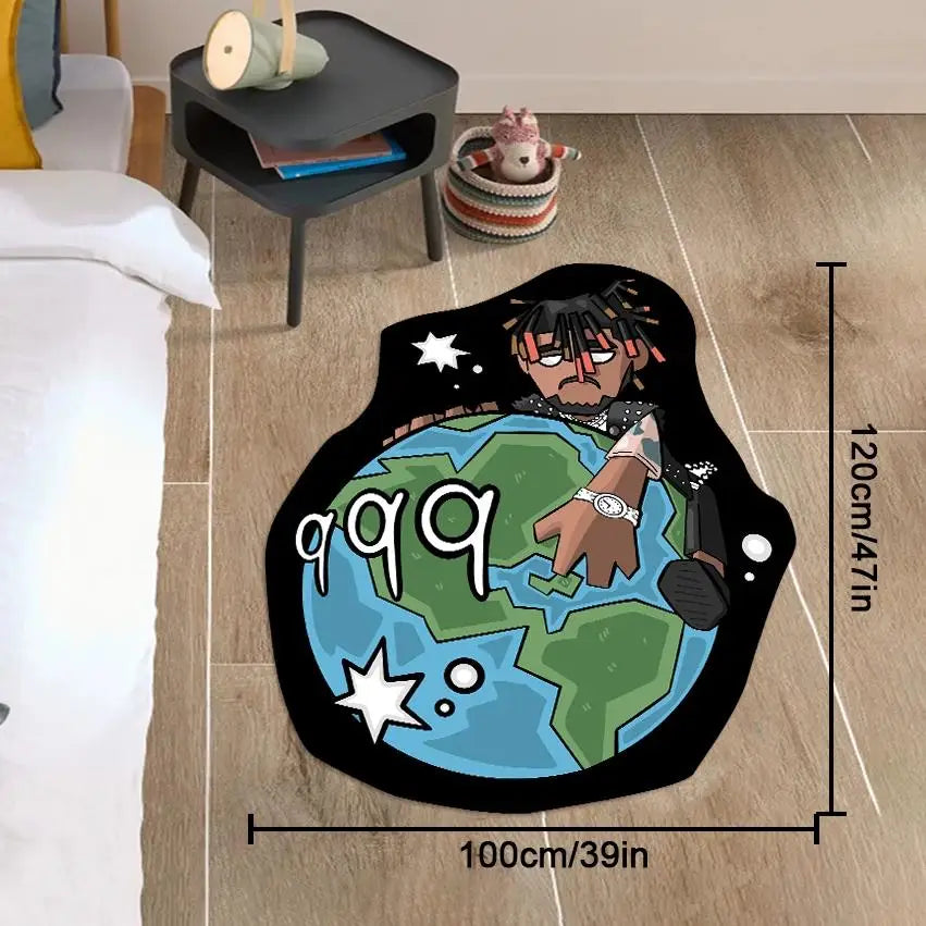 A black vinyl decal featuring a cartoon depiction of Juice WRLD with a globe design on a light wood floor.