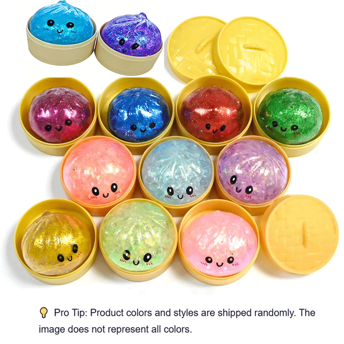 A collection of colorful glitter squishy stress relief fidget toys in various shades and shapes.