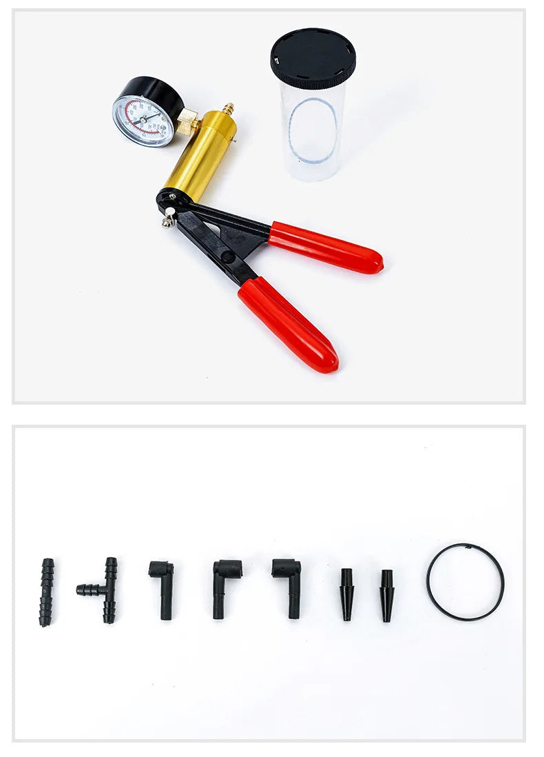 A professional brake bleeder and vacuum pump kit with a gauge, featuring a brass fitting and red handles.