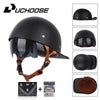 Black retro open face motorcycle helmet with brown leather strap and visor included accessories