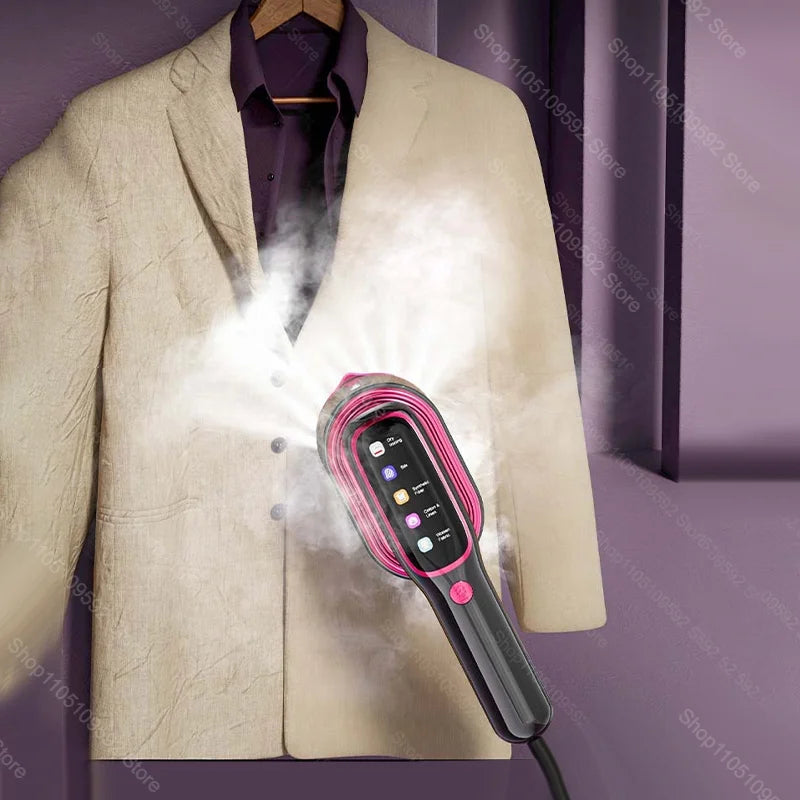 A portable handheld garment steamer is shown steaming a purple shirt inside a light beige blazer.