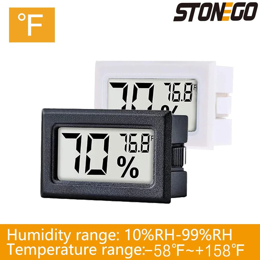 A black digital thermometer and hygrometer with an LCD display is shown next to a white housing.