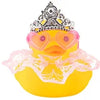 A yellow rubber duck decoration wearing a crown, sunglasses, and a pearl necklace.