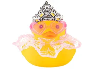 A yellow rubber duck decoration wearing a crown, sunglasses, and a pearl necklace.