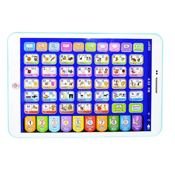 Interaktives Kinderlern-Tablet mit farbenfrohen Lernspielen und Buchstaben auf dem Bildschirm.
