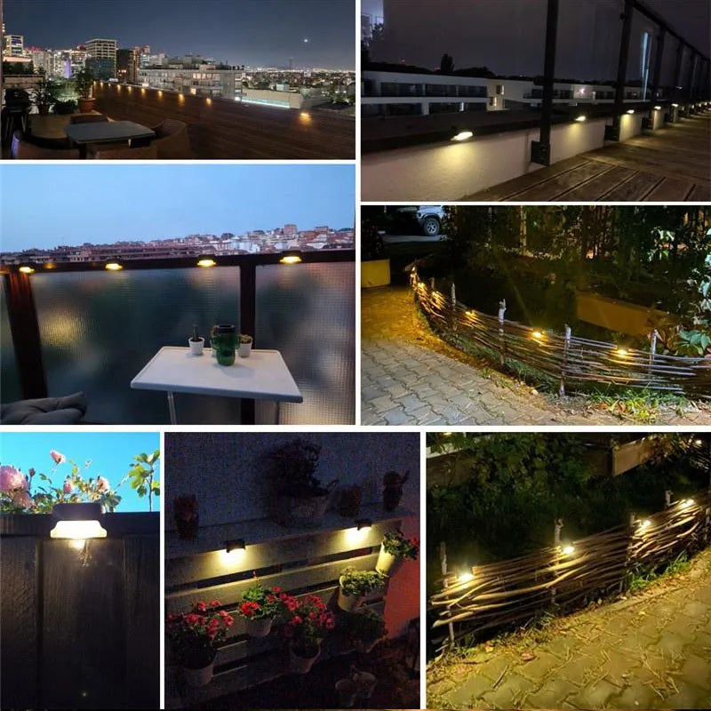 Various outdoor scenes showing solar deck lights illuminating pathways, steps, and architectural features at night.