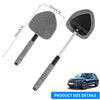 Extendable car windshield cleaner with a white handle and gray microfiber pads shown next to a blue SUV.