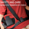 Close-up of a black PU leather seat belt adjuster clip being used on a red shirt.