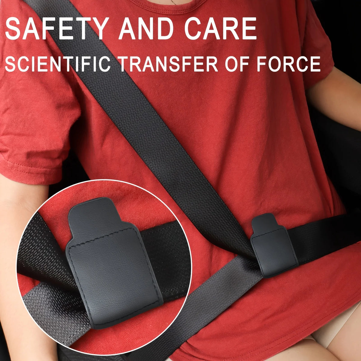 Close-up of a black PU leather seat belt adjuster clip being used on a red shirt.