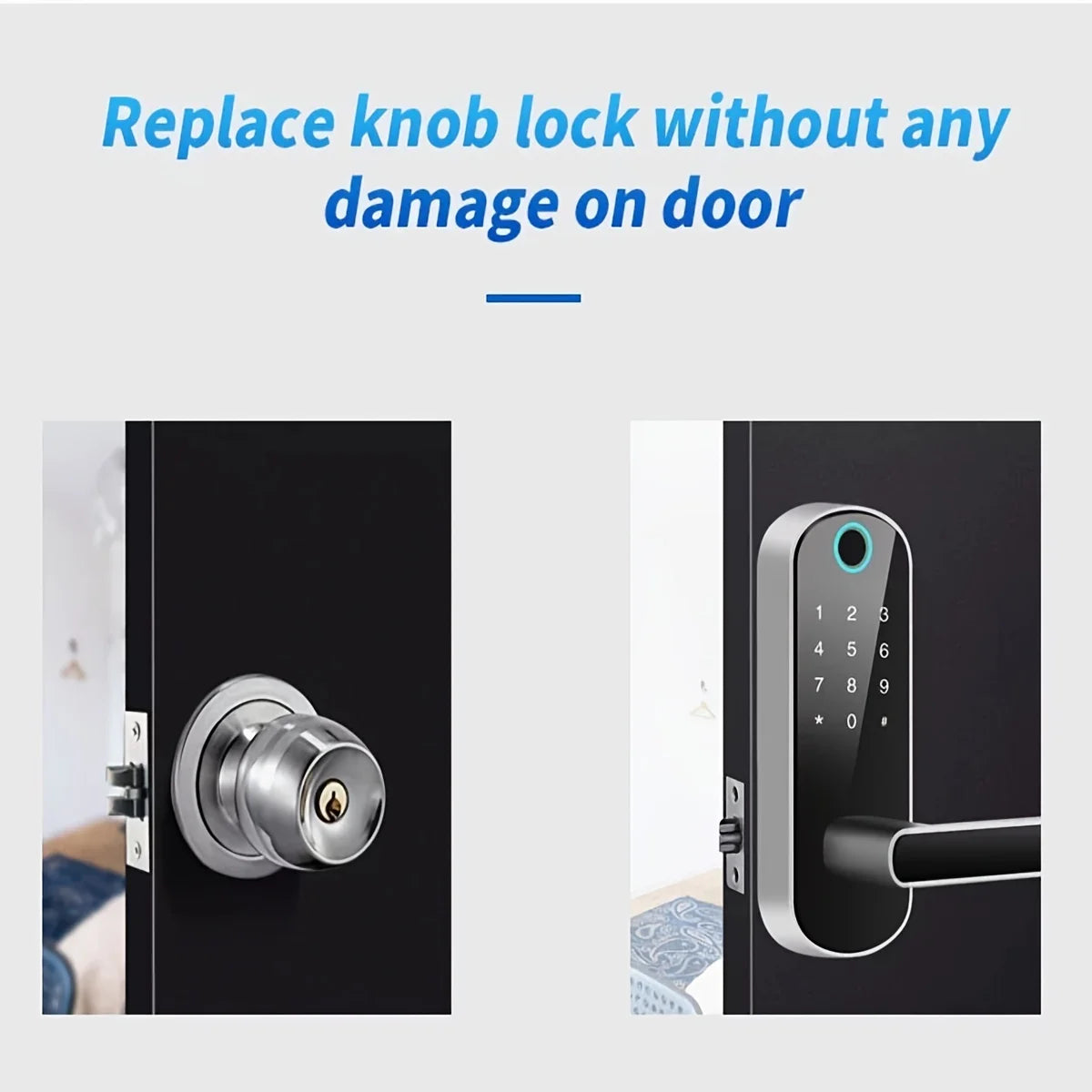 Close-up of a modern fingerprint door lock installed on a black door, showing the replacement knob mechanism.