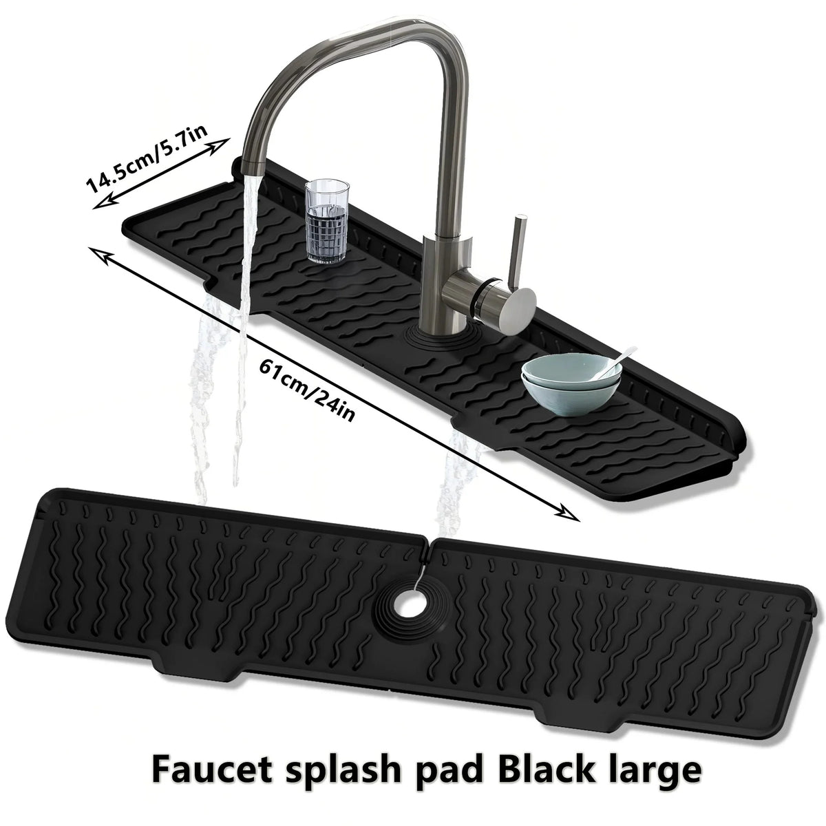 A large black silicone faucet splash pad with a metal faucet and a small bowl shown on a kitchen sink.