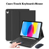A black detachable wireless keyboard and mouse set shown next to an iPad case.