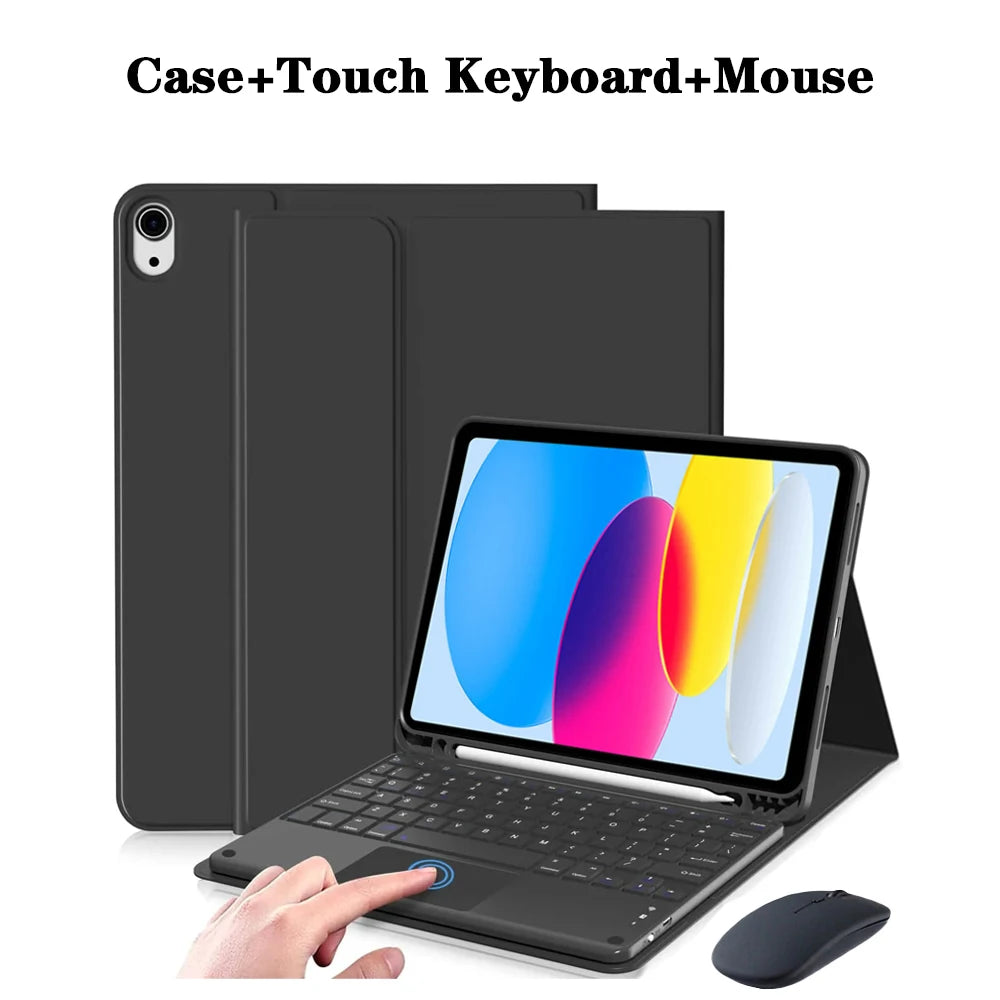 A black detachable wireless keyboard and mouse set shown next to an iPad case.