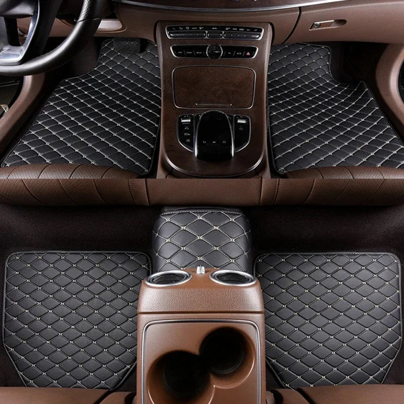 Interior view of a car showing premium PU leather floor mats and dark brown upholstery.