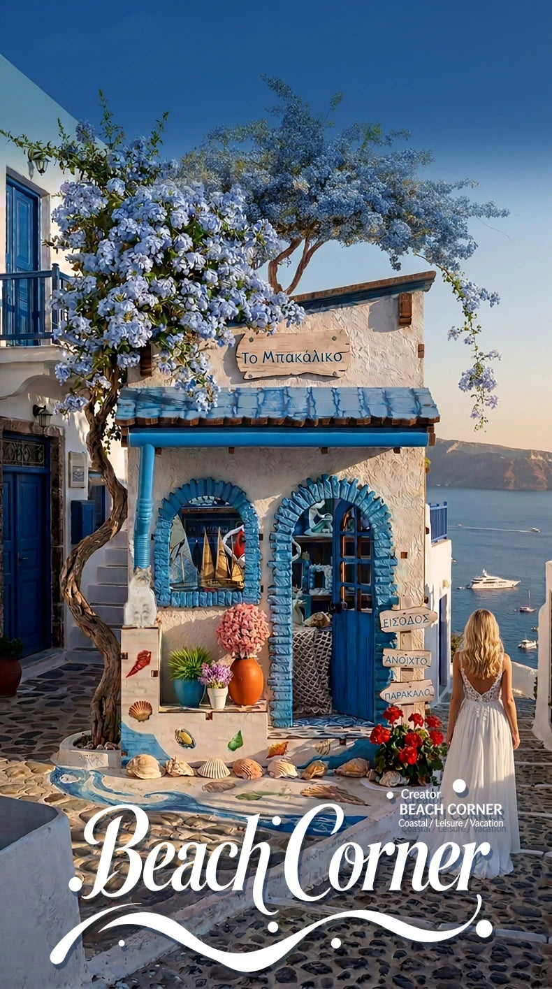 A charming seaside building facade featuring blue accents and a tree with purple blossoms, set against a clear blue sky.