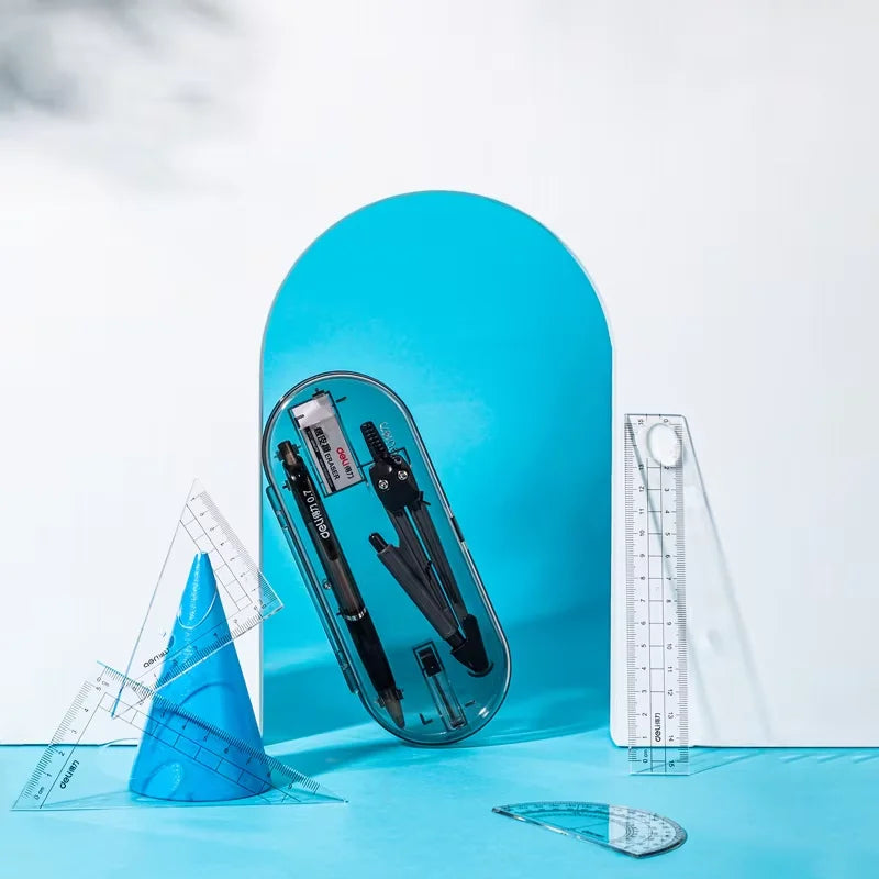 A blue geometry drafting set including a compass, ruler, and triangle is displayed on a light blue surface.