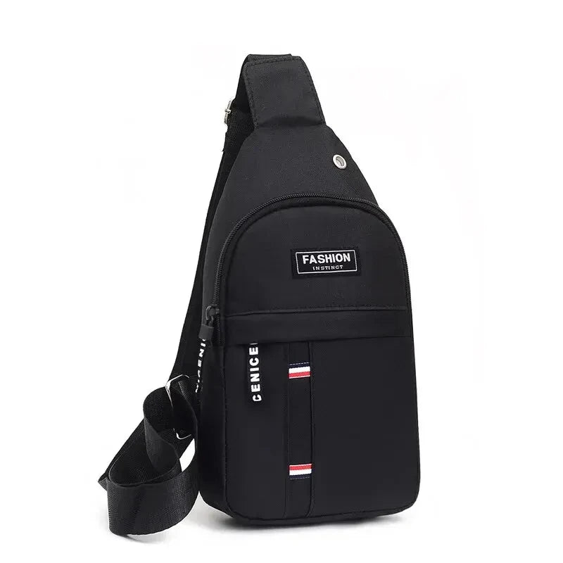Black men's waterproof fanny pack with an adjustable strap and a fashion instinct logo