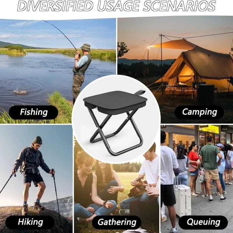 A collage showing diverse outdoor usage scenarios including fishing, camping, hiking, gathering, and queuing.