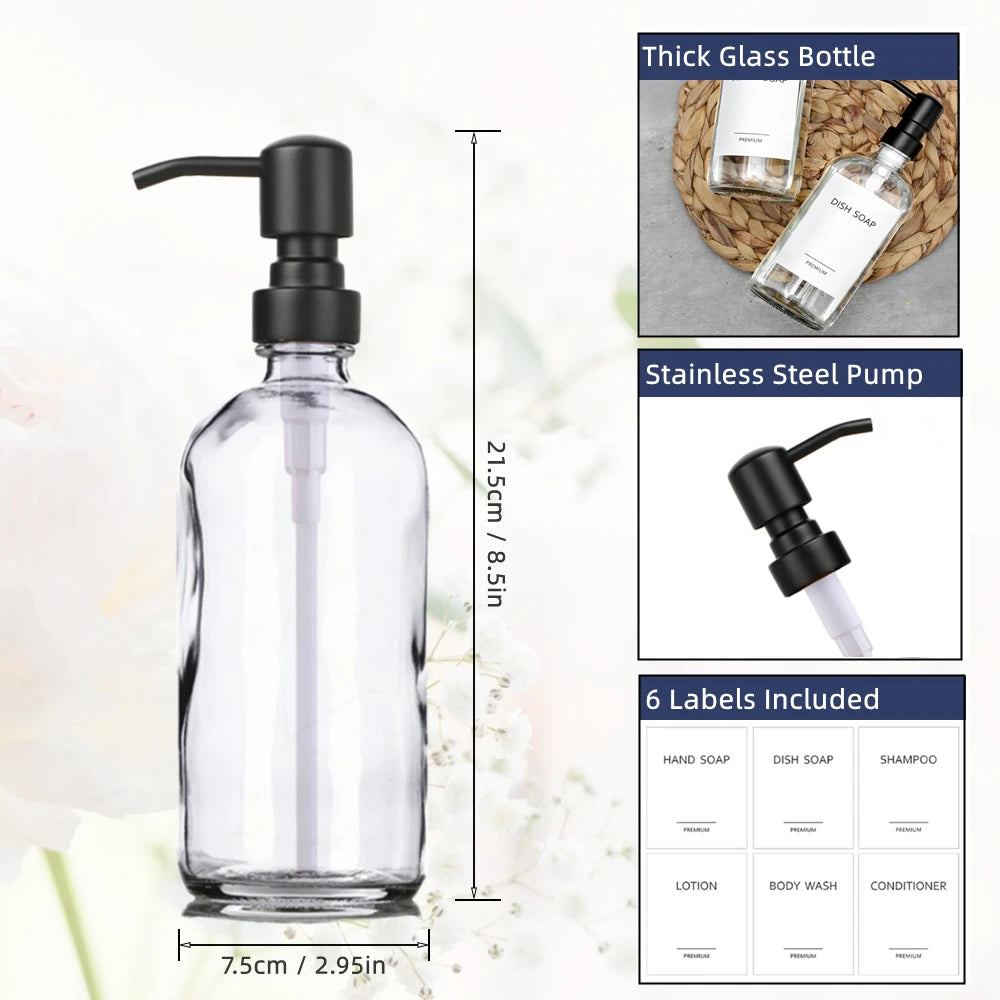 Clear glass soap dispenser bottle with a black pump and six included labels