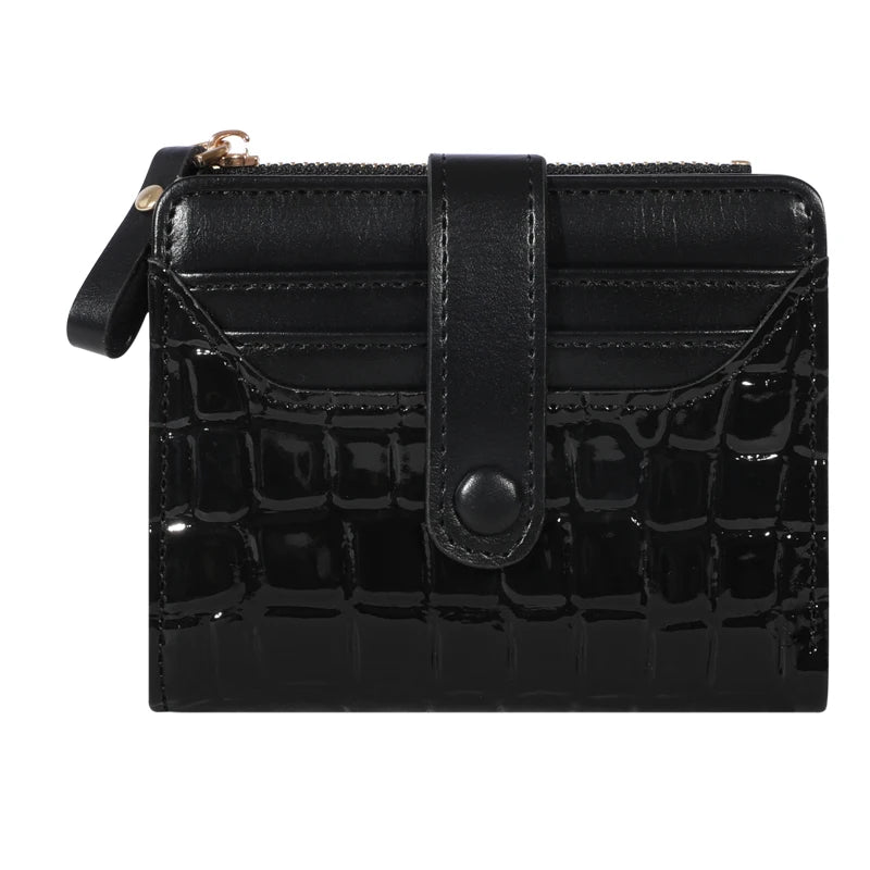 Black crocodile embossed PU leather wallet with a gold zipper and flap