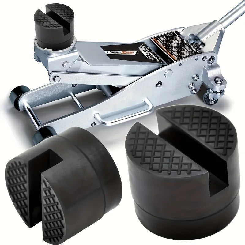A silver universal rubber jack pad for floor jacks, shown with the protective pads separately.
