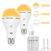 A yellow and white LED light bulb shown alongside its remote control and charging cable.