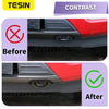 Before and after comparison of a TESIN front bumper tow hook cover installation on a red Ford F-150.