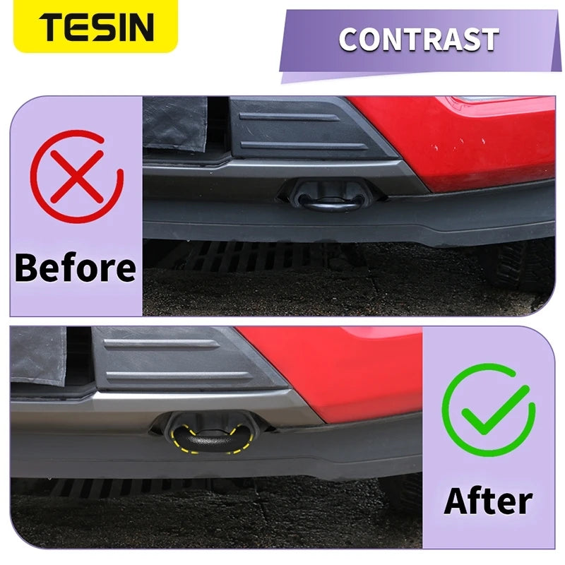 Before and after comparison of a TESIN front bumper tow hook cover installation on a red Ford F-150.
