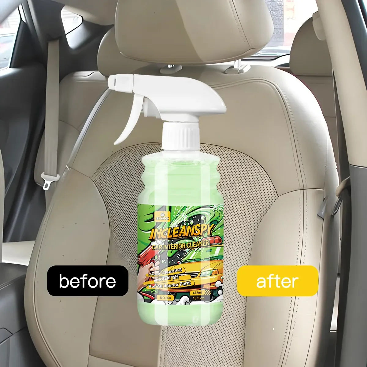 Before and after comparison of a multi-surface water-free car interior cleaner bottle in a car seat.