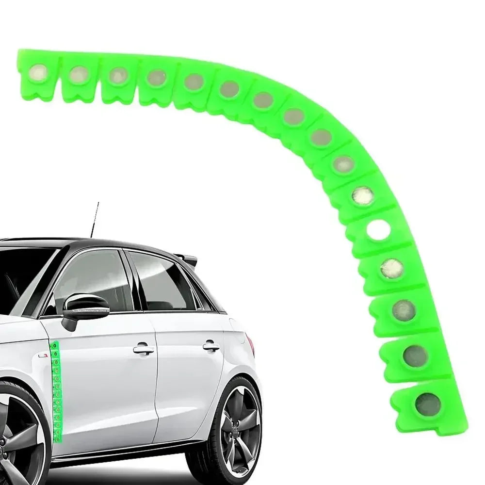 A bright lime green magnetic dry grinding protective strip for auto body work, curved and ready for use.