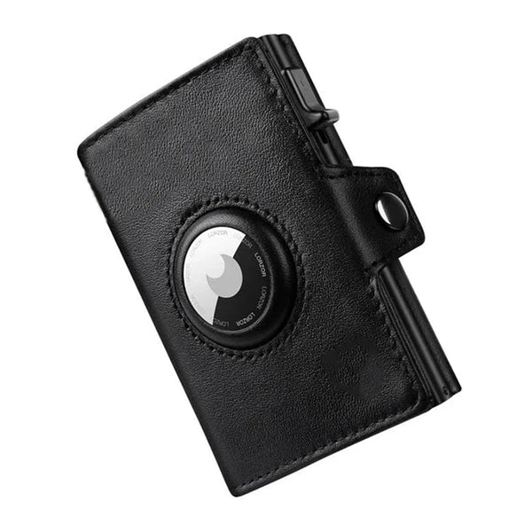 Cartera delgada negra con textura de cuero y ranura para AirTag.