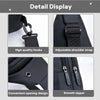 Detail display showing high quality hooks, adjustable shoulder strap, convenient opening design, and a smooth zipper on a bla