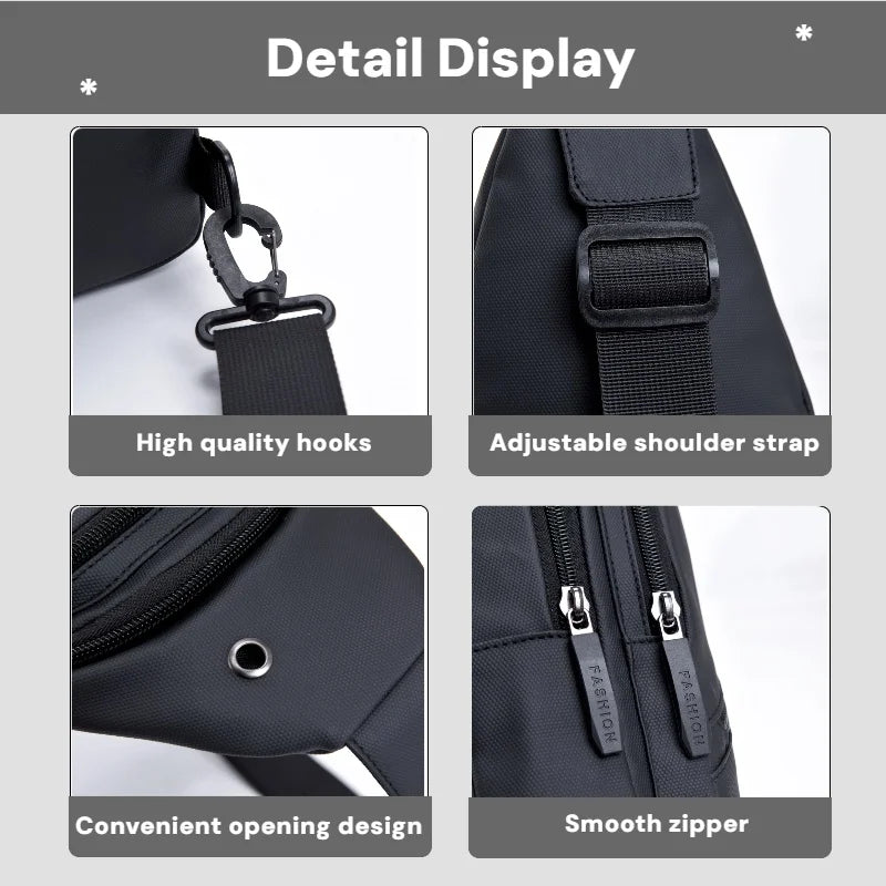 Detail display showing high quality hooks, adjustable shoulder strap, convenient opening design, and a smooth zipper on a bla