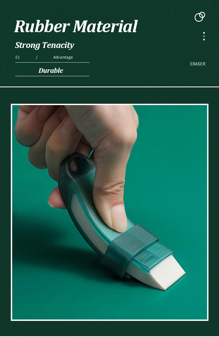 A hand holds a green rubber eraser used to clean limescale and stains from surfaces.