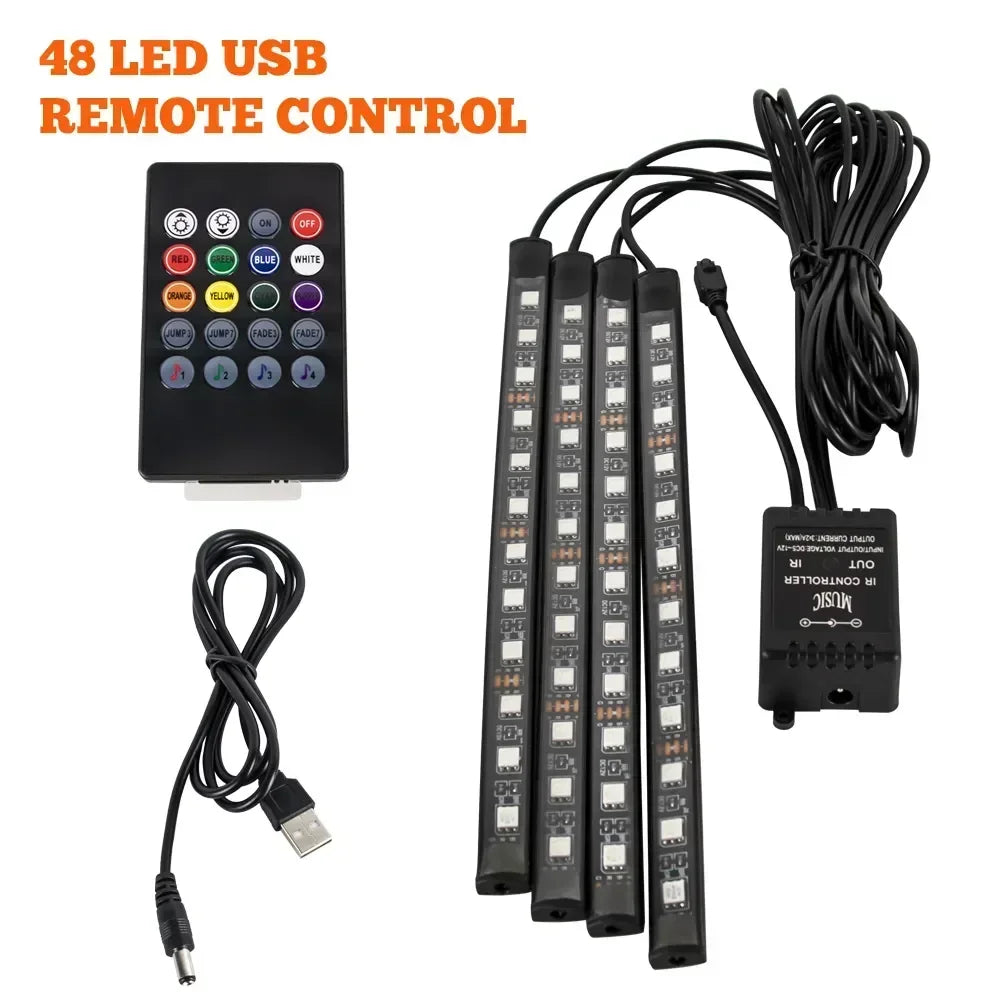 A black remote control for an RGB car underglow strip light system with multiple buttons and a connecting cable.