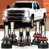 LED headlight bulbs kit for Chevy Silverado 1500/2500 showing various bulbs and a truck headlight assembly.