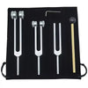 A black case containing a professional tuning fork set with various metal tuning forks and a wooden mallet.