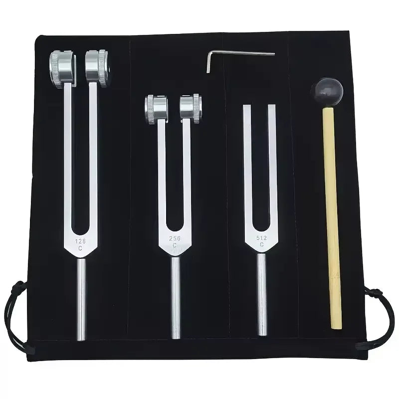 A black case containing a professional tuning fork set with various metal tuning forks and a wooden mallet.