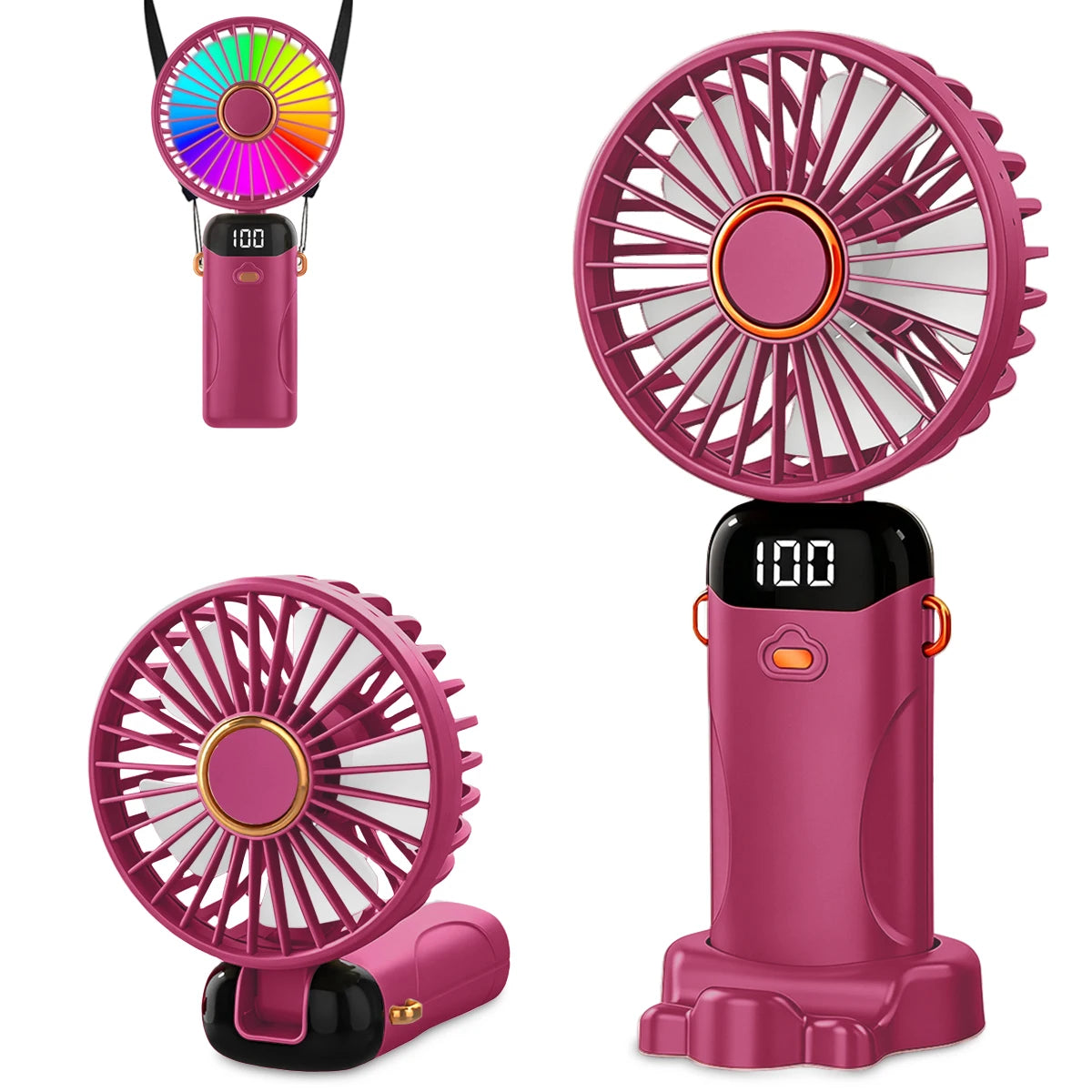 A pink foldable USB rechargeable handheld fan shown in multiple views.