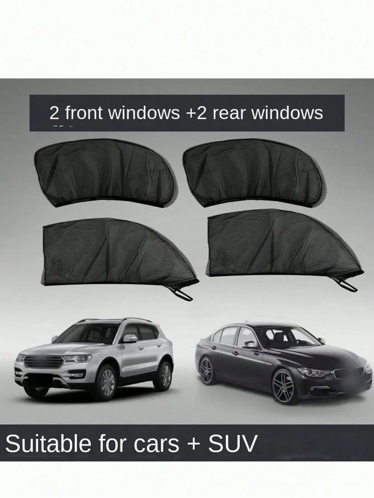 Black breathable mesh window shades for cars and SUVs, showing front and rear window coverings.